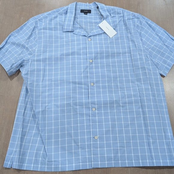 $195 Mens VINCE "Mallorca" Windowpane SS Button Up Camp Shirt Light Blue - Picture 1 of 2